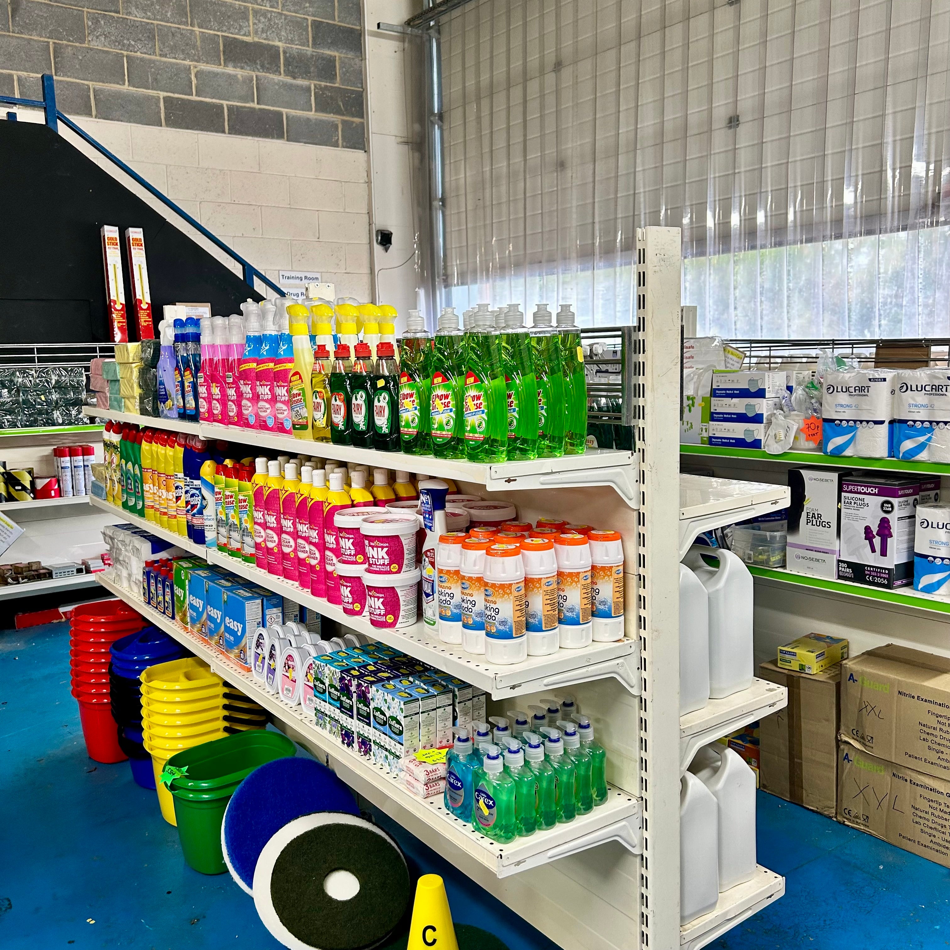 Photo of cleaning producs uk shelves in shop front.