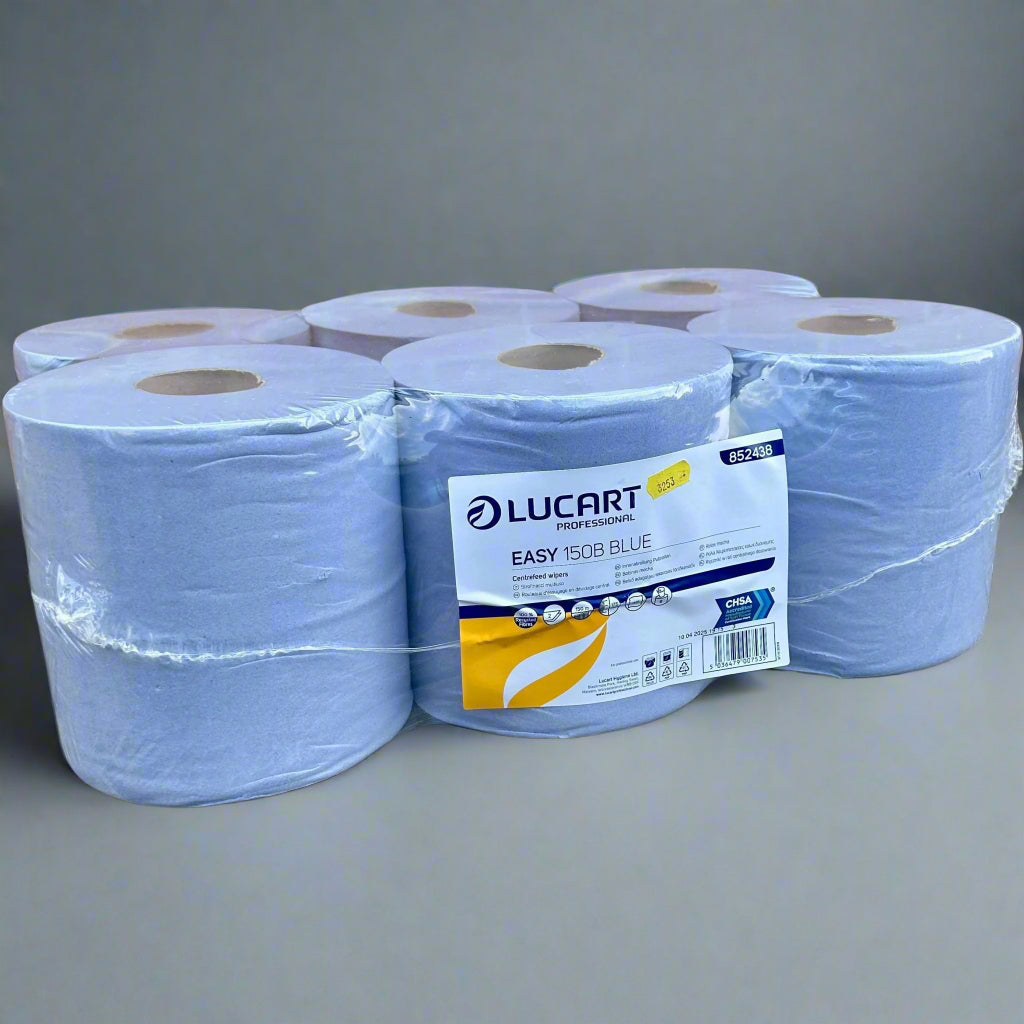 Blue Centrefeed Roll 150m Pack of 6 Rolls - Lucart EASY 150B - Cleaning Products UK
