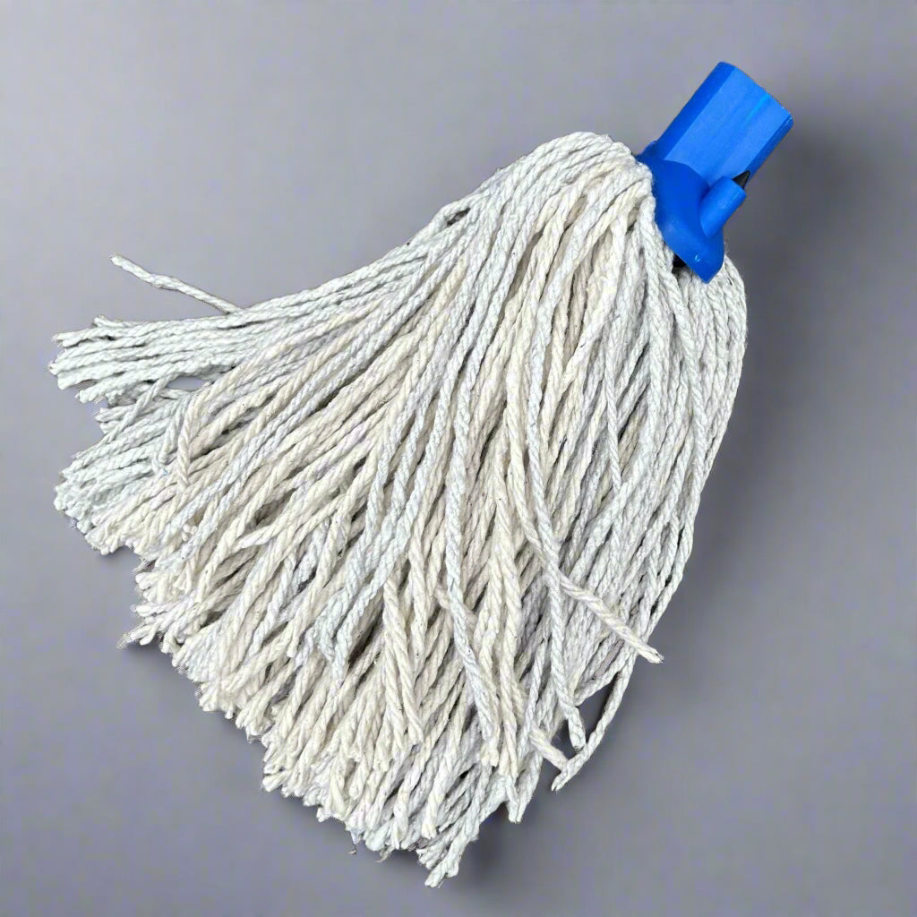 A blue mop head displayed on a wooden bench