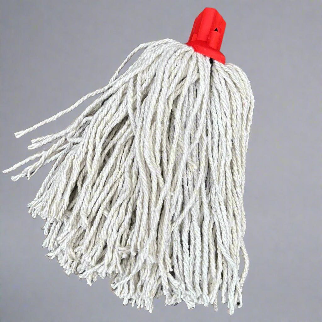 A red mop head displayed on a wooden bench