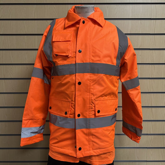 Small Hi - Vis Orange Waterproof Safety Parka Jacket - Cleaning Products UK