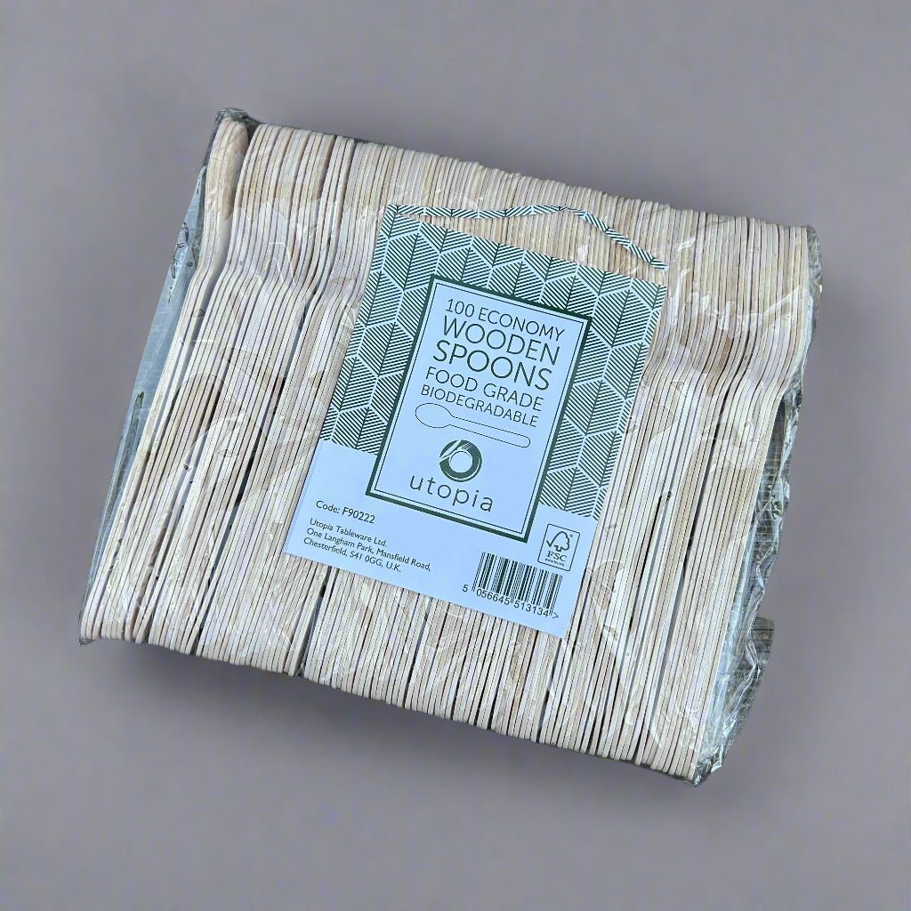 Wooden Spoons – Pack of 100 | Eco - Friendly Disposable Cutlery - Cleaning Products UK