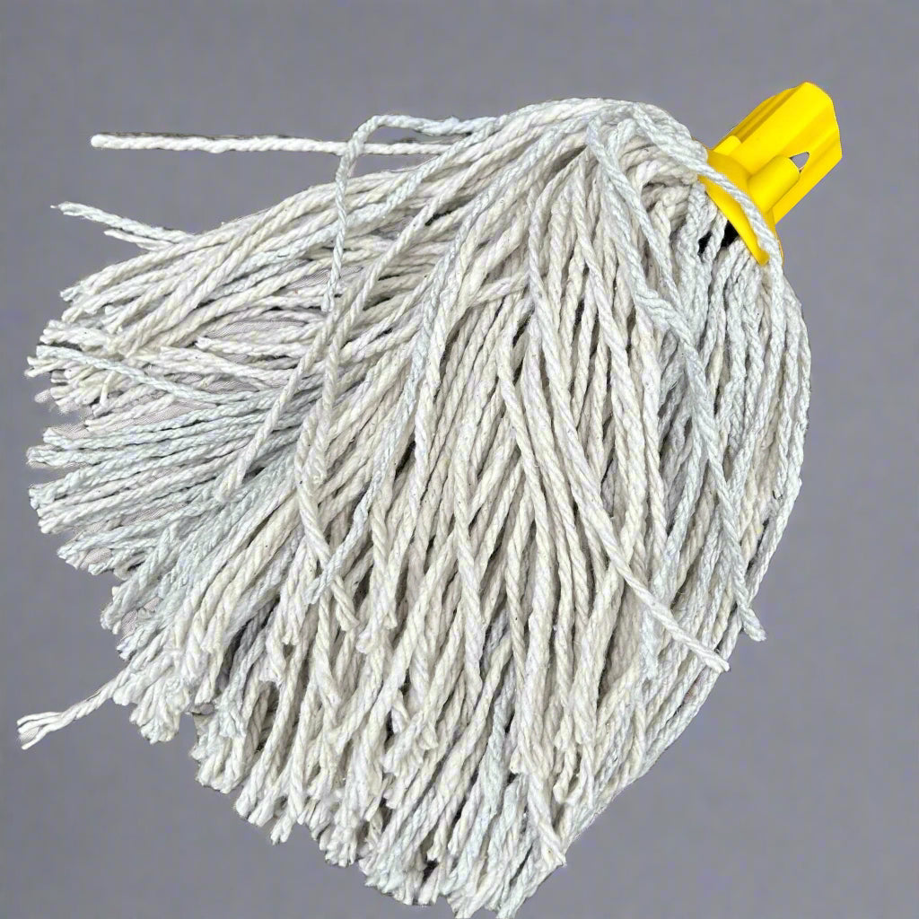 A yellow mop head displayed on a wooden bench