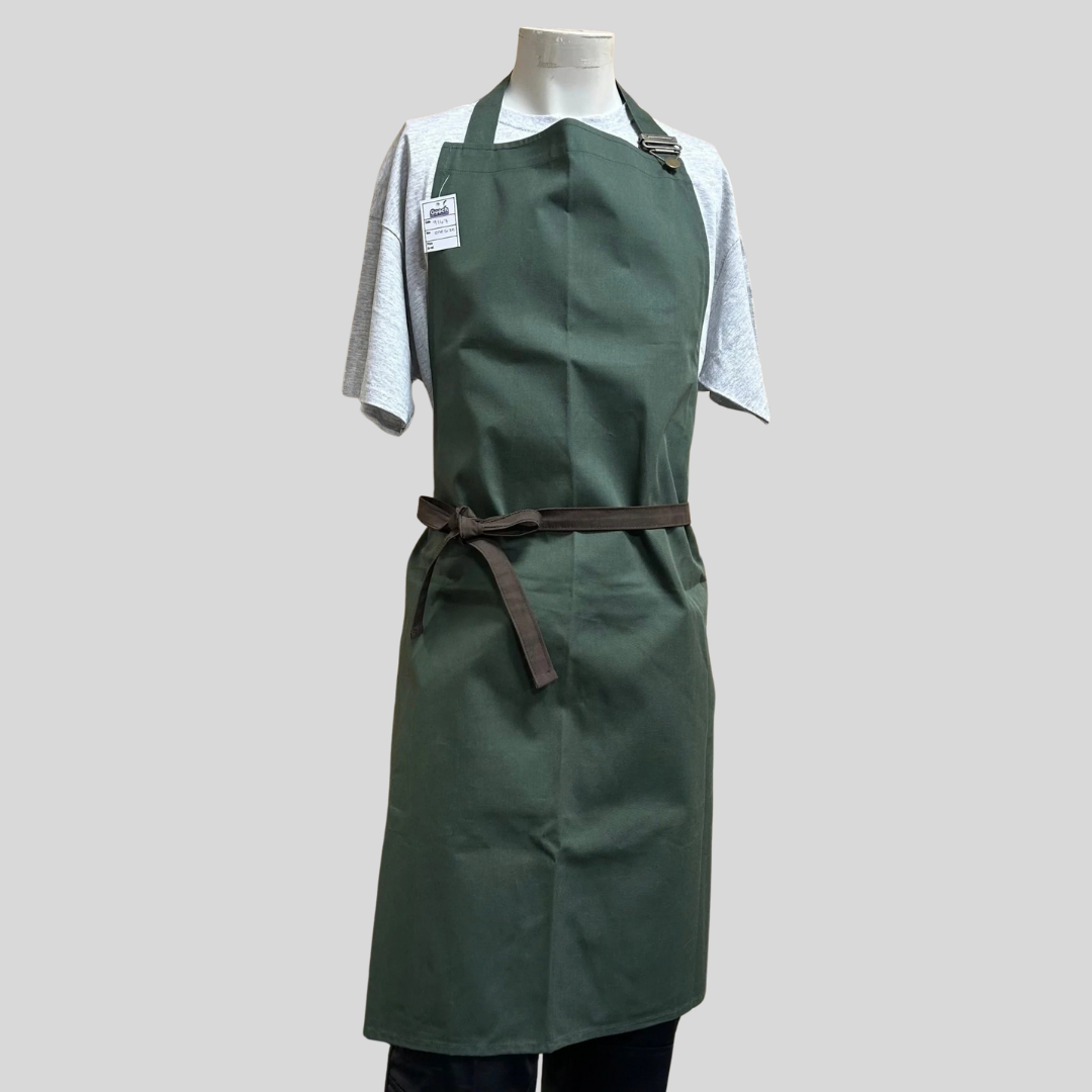 Green Bib Apron with Brown Ties – Adjustable Neck, No Pocket (One Size)