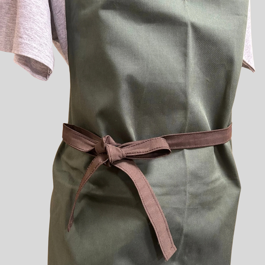 Green Bib Apron with Brown Ties – Adjustable Neck, No Pocket (One Size)