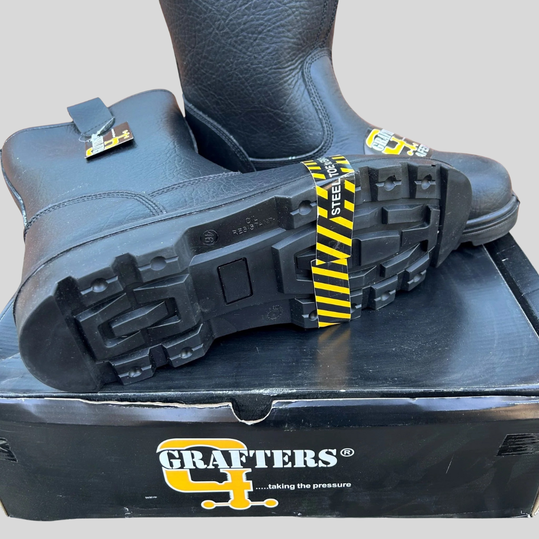 Size 11 Grafters M21A Black Leather Steel Toe Cap Rigger Boots – No Lining