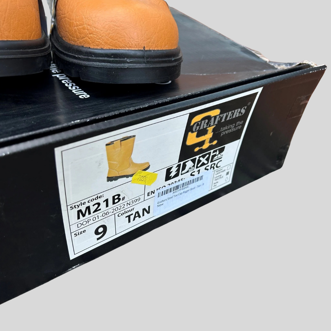 Size 9 Grafters M21B Tan Leather Steel Toe Cap Rigger Boots – No Lining