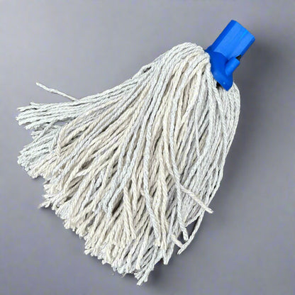 A blue mop head displayed on a wooden bench