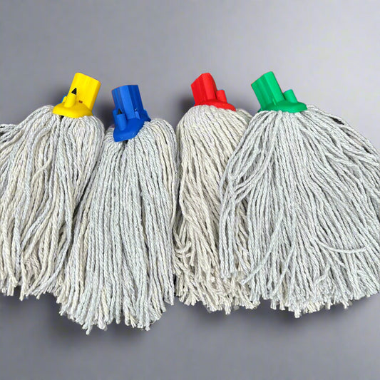 4 mop heads in yellow, blue, red and green displayed on a wooden bench