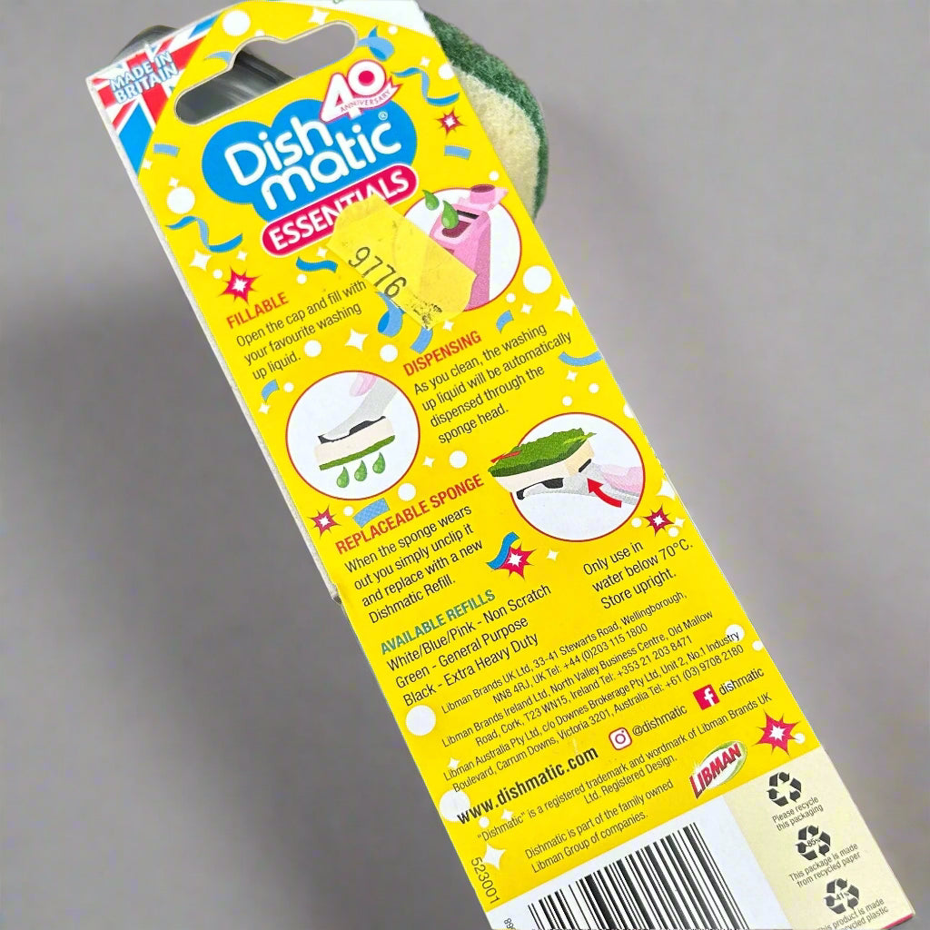 Dishmatic Essentials packaging on a wooden surface