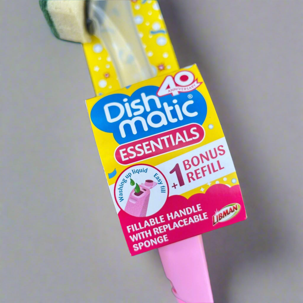 A close up photo showing the packaging design on a washing up sponge and handle