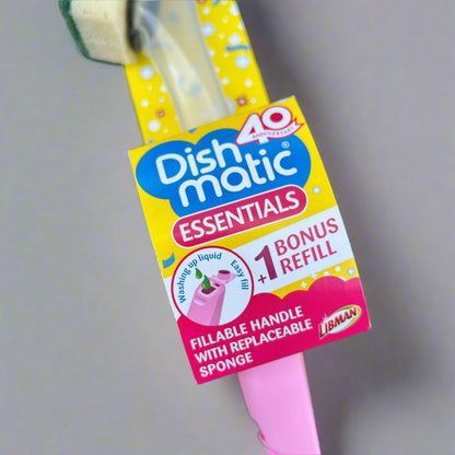 A close up photo showing the packaging design on a washing up sponge and handle