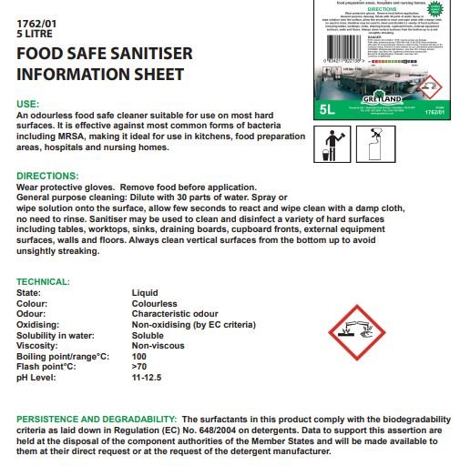 Food Safe Sanitiser 5ltr - Cleaning Products UK