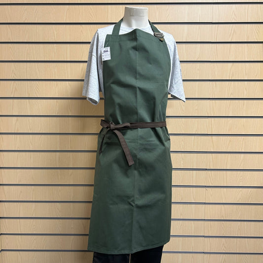Green Bib Apron with Brown Ties – Adjustable Neck, No Pocket (One Size) - Cleaning Products UK