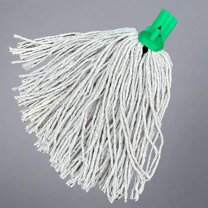 A green mop head displayed on a wooden bench