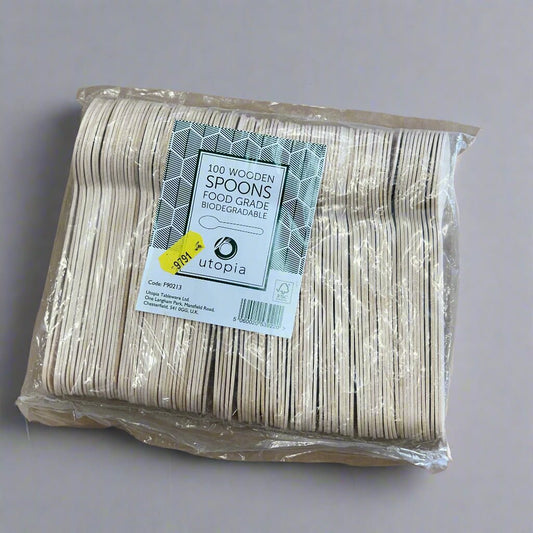 Wooden Spoons – Pack of 100 | Eco - Friendly Disposable Cutlery - Cleaning Products UK