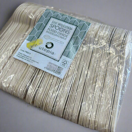 Wooden Spoons – Pack of 100 | Eco - Friendly Disposable Cutlery - Cleaning Products UK