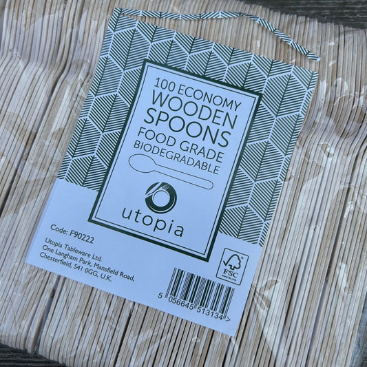 Wooden Spoons – Pack of 100 | Eco - Friendly Disposable Cutlery - Cleaning Products UK