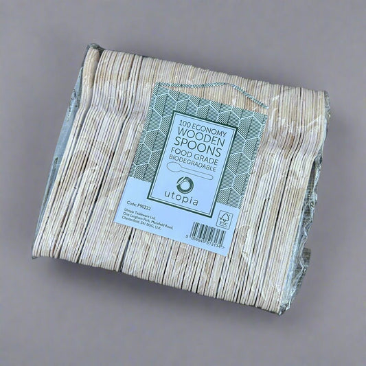 Wooden Spoons – Pack of 100 | Eco - Friendly Disposable Cutlery - Cleaning Products UK